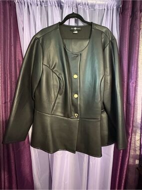 Ashley Stewart Black Faux Leather Peplum Jacket